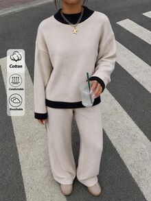 SHEIN Women High Long Sleeve Basic Sweater And Sweater Pant 2pcs Set Co-Ords - Beige - View 1