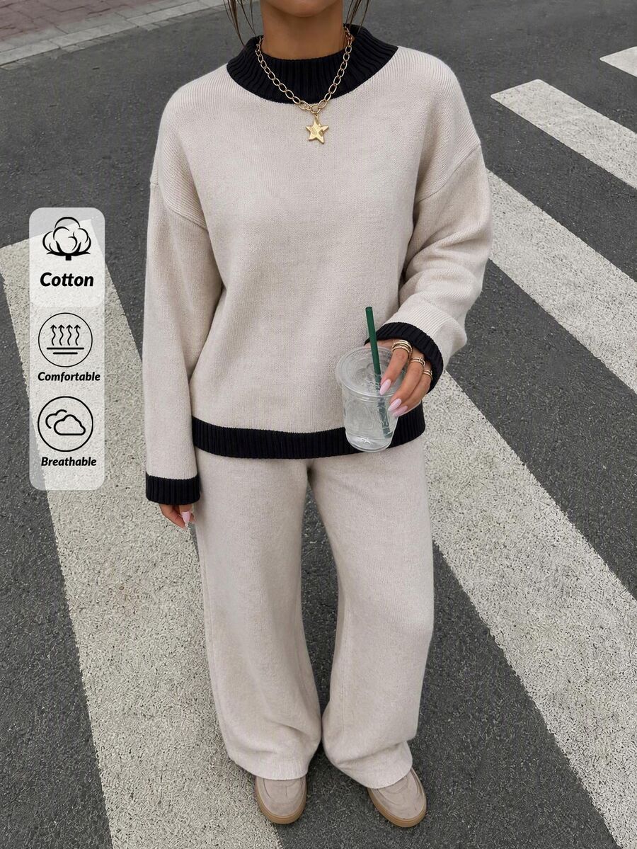 SHEIN Women High Long Sleeve Basic Sweater And Sweater Pant 2pcs Set Co-Ords - Beige - View 1
