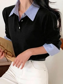 DAZY 女款拼接撞色 2 合 1 連袖領休閒度假韓風秋冬針織衫 - 黑色 - 查看 2