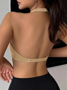 DAZY 1pc Solid Color Halter Twist Front Gather Yoga Sports Bra For Women Lingerie For Women - Yellow - View 2