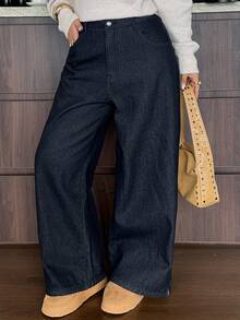 Dazy Plus Plus Size Korean Style Thermal Lined Straight Leg Denim Jeans, Autumn/Winter - Dark Wash - View 8