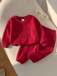 SHEIN 女嬰 Mama's Mini 壓紋字母紅色運動衫與慢跑褲 2件套保暖抓絨運動服，可愛媽咪風秋冬聖誕套裝 - 紅色 - 查看 3