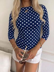 SHEIN EZwear 休閒極簡風 95%棉 性感露肩海軍藍白色波點短袖T恤，適合春夏，春夏穿搭顯白，夏季上衣，適合日常通勤、約會、聚會、秋冬春夏、聖誕節、新年、感恩節、派對、婚禮、海灘 - 彩色 - 查看 6