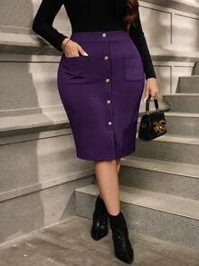 SHEIN Clasi 大尺碼女款純色口袋休閒優雅百搭日常穿著辦公正式裙 教師節晚餐正式穿著 黑金配色 秋季 - 紫色 - 查看 5