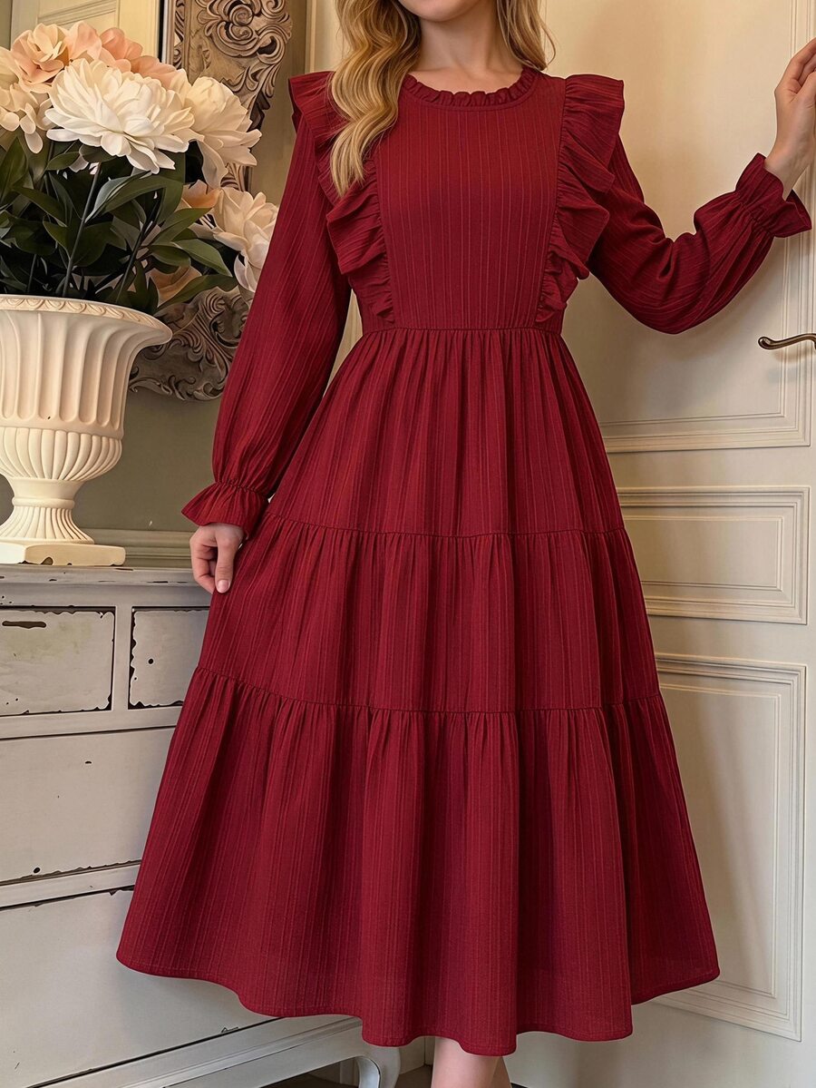 SHEIN Tween Girl Spring Autumn Tween Girl Winter Casual Vacation Elegant Fashion Woven Solid Color Round Neck Ruffle Hem Fitted Dress Tween Girl - Red - View 1