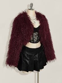 SHEIN ICON معطف فرو صناعي أنيق بأكمام طويلة مقاس كبير - عنابي اللون - مشاهدة 7