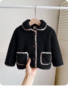 SHEIN 女嬰可愛秋冬休閒百搭棕色毛絨領夾克外套 - 黑色 - 查看 7