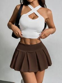 SHEIN EZwear Summer Going Out Wide Waistband Waist Flare Hem White Mini Skirt - Brown - View 6