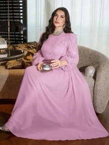 Modelyn 大尺碼女款亮片花卉收腰洋裝 秋季正式婚禮 粉色浪漫優雅 - 藕粉色 - 查看 7