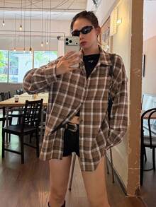 DAZY 女款格紋領韓風長袖春秋襯衫 - 棕色 - 查看 5