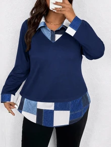 EMERY ROSE Plus Size Women's Casual 2 In 1 Top, Ribbed Knit Patchwork Denim Effect Print Lapel V-Neck Long Sleeve Shirt - Blue - View 5