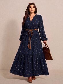 Elaquor 大尺碼女款碎花V領燈籠袖休閒洋裝 秋冬優雅辦公商務工作外出黑色洋裝 - 藏蓝色 - 查看 4