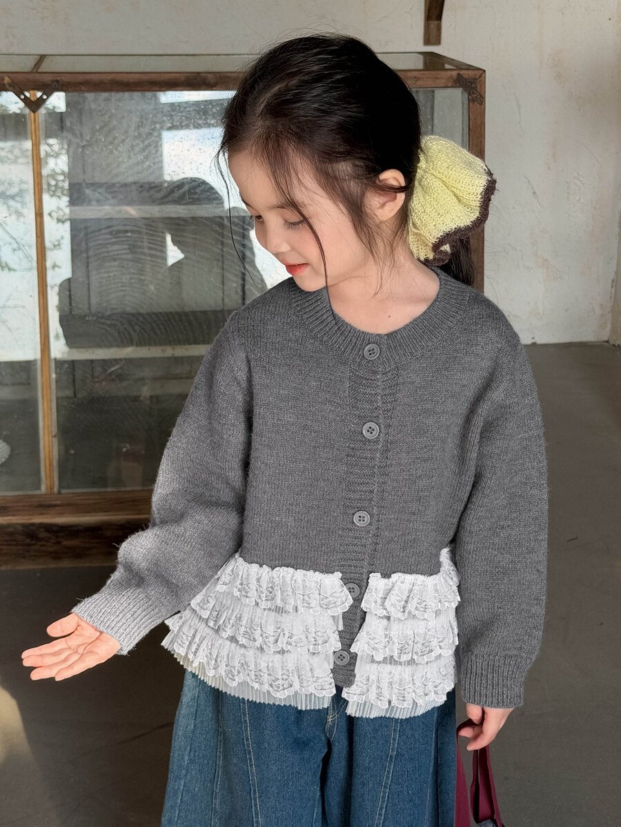 Dazy Kids Women's Round Neck Single-Breasted Lace Mesh Knit Cardigan - Grey - View 1