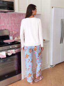 SweetSlumber Women's Christmas Gingerbread Man Candy Striped Print Knit Long Sleeve Pants Pajama Set - Multicolor - View 2