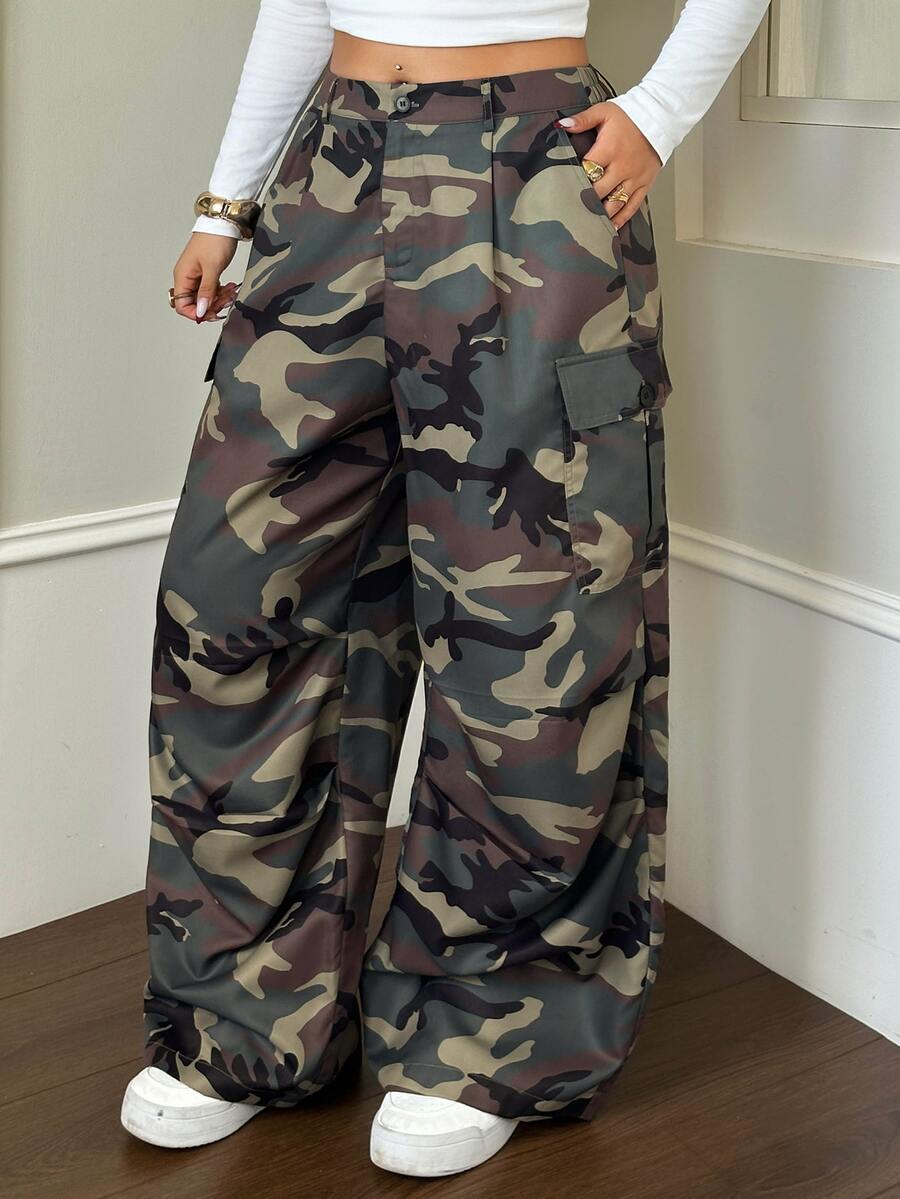 Dazy Plus Plus Size Women's Camouflage Casual Versatile Everyday Travel Long Pants - Army Green - View 1
