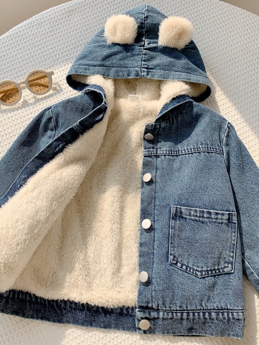 SHEIN 兒童男孩女孩秋冬休閒牛仔夾克保暖內裡夾克男童外套加厚外套 - 彩色 - 查看 1