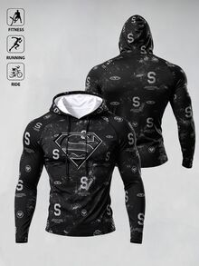 SUPERMAN X SHEIN Gym Rark Men's All-Over Print Casual Versatile Daily Wear Hooded Sweatshirt - Multicolor - View 1