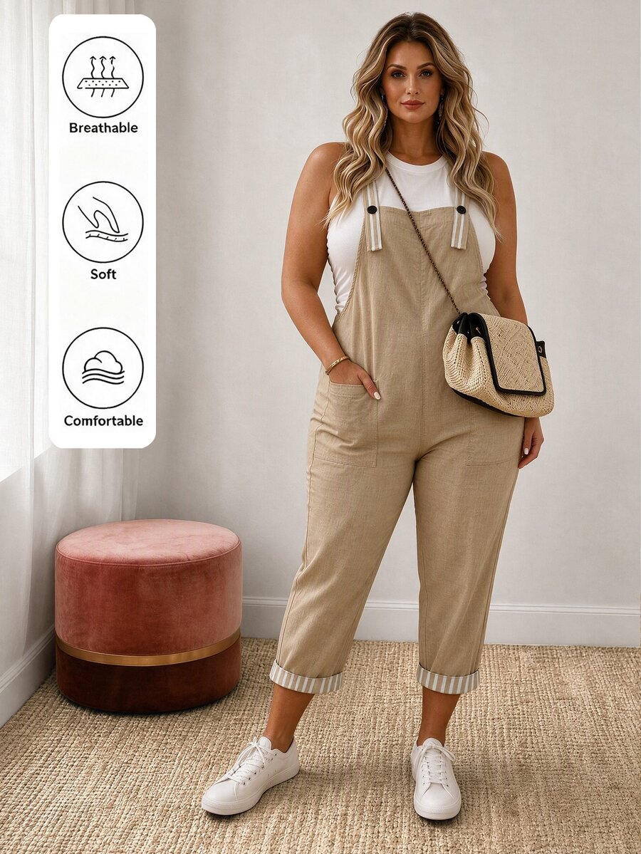 EMERY ROSE Women's Loose-Fitting Utility-Style Overall Jumpsuit Featuring A Linen-Textured Fabric, Striped Cuffed Hems, Large Side Pockets, And Adjustable Button - Multicolor - View 1