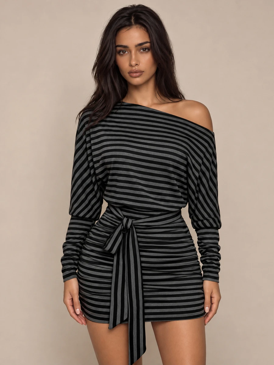 Brilight Maely Off Shoulder Striped Mini Dress - Grey - View 1