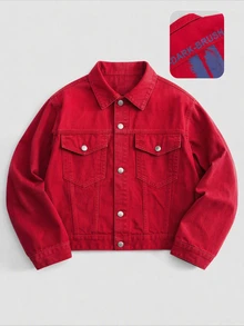 ROMWE MEN Men's Red Letter Print Streetwear Denim Jacket - Red - View 9