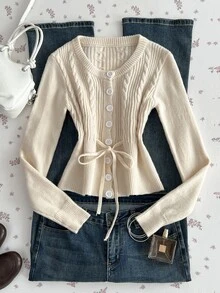 Sweetra Autumn/Winter Twisted Rope Drawstring Lace-Up Cardigan Sweater - Apricot - View 4