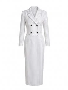 Radiana Plus Size Women's Striped Long Sleeve Top And Slit Design Skirt Casual Suit Set - White - View 6