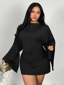 Firerie Women's Plus Size Solid Color Flared Sleeve Ruched Fitted Fashion Dress - Black - View 4