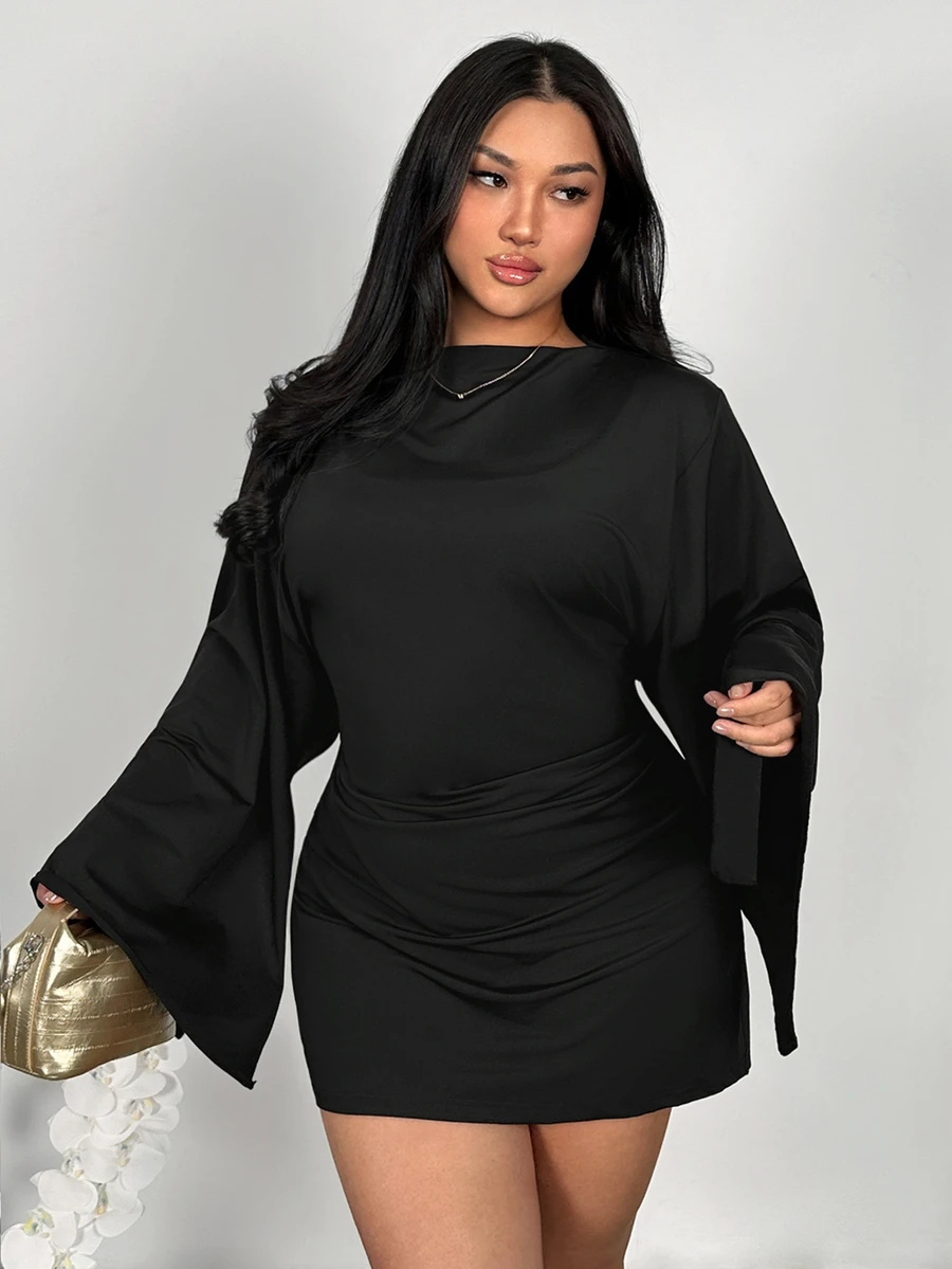 Firerie Women's Plus Size Solid Color Flared Sleeve Ruched Fitted Fashion Dress - Black - View 1