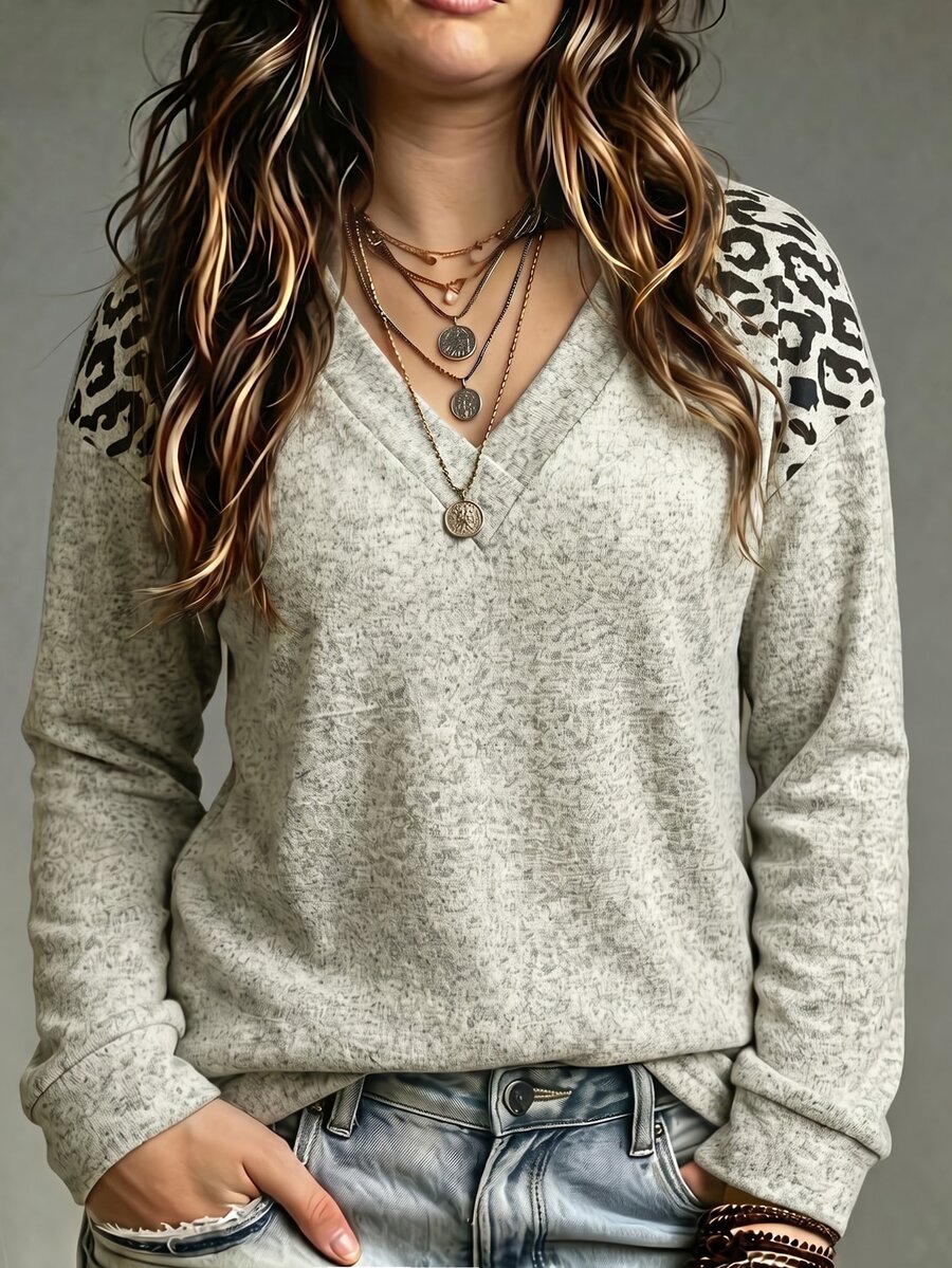 Selamara Women's Autumn/Winter New Hot-Selling Leopard Print Pattern Casual Versatile Layered V-Neck Plus Size T-Shirt - Multicolor - View 1
