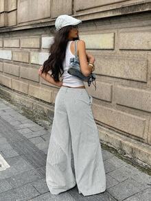 Coolane 女款夏季街頭風休閒基礎日常穿搭圖案條紋舒適寬鬆低腰直筒寬腿高腰長褲 - 綠色 - 查看 6