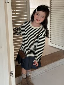 Dazy Kids Young Girl Striped Colorblock Versatile Korean Style T-Shirt - Beige - View 9