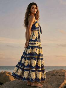 CAJUNI Tropical Vacation Cute Romantic Floral Dress - Navy Blue - View 4