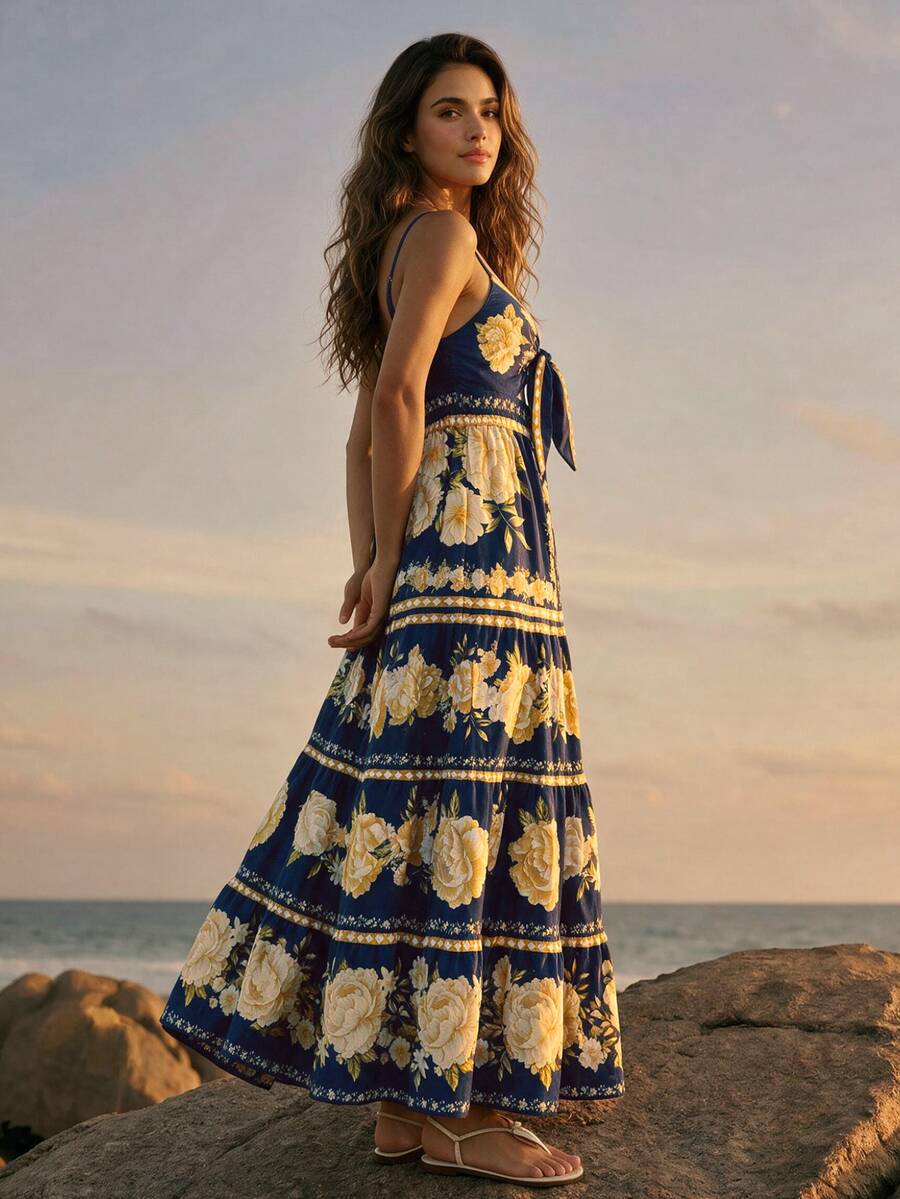 CAJUNI Tropical Vacation Cute Romantic Floral Dress - Navy Blue - View 1