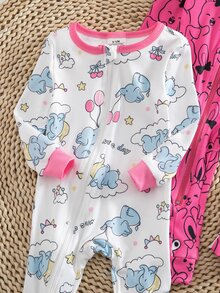 Autumn/Winter Knit Thin Round Neck Contrast Color Pink Cute Fun Elephant Colorful Balloon Little Rabbit Digital Print Popular Hot-Selling Pattern Long Sleeve Jumpsuit Zipper Design Slim Fit Comfortable Soft Fabric 2 Pieces Pajama Set Loungewear - Multicolor - View 5