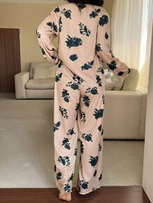 DAZY 2pcs/Set Women's Floral Print V-Neck Cardigan Long Sleeve Top & Straight Leg Long Pajama Pants Sleepwear Set - Khaki - View 2