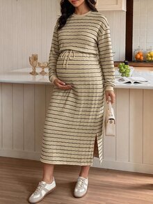 SHEIN 孕婦圓領長袖條紋長洋裝 秋季 - 卡其色 - 查看 2