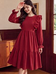 SHEIN Tween Girl Spring Autumn Tween Girl Winter Casual Vacation Elegant Fashion Woven Solid Color Round Neck Ruffle Hem Fitted Dress Tween Girl - Red - View 8