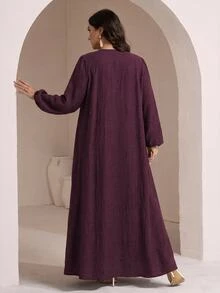 Veilorie 大尺碼女款鈕扣百褶優雅東南亞風休閒端莊阿拉伯式長裙，灰色，適合度假、辦公、正式場合、洗禮，秋季 - 酒紅色 - 查看 2