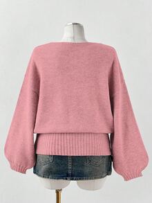 Sunspun Autumn/Winter Minimalist Solid Color V-Neck Side Button Waist Cinched Cropped Knit Pullover Sweater - Pink - View 2