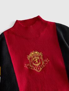 ROMWE MEN Men's Motorcycle Style Streetwear Colorblock Pullover Embroidered Sweater - Red - View 3