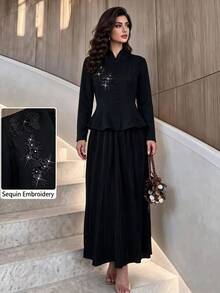 Modelyn Women's Elegant Black Exquisite Beaded Decor Fishtail Hem Jacket With Pleated Vertical Texture Long Skirt, Formal Evening Two Pieces Set - Black - View 4