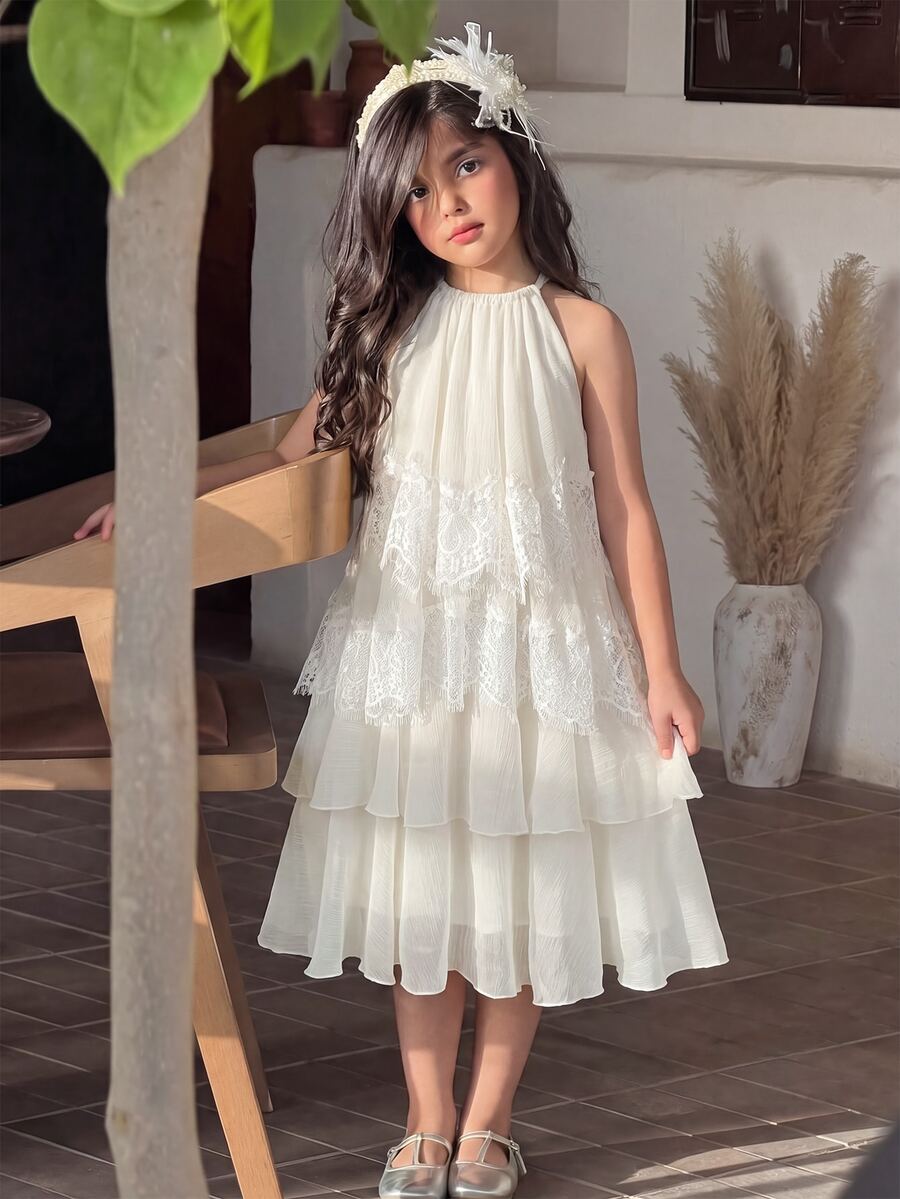 Tween Girl Loose Elegant Halter Neck Sleeveless Ruffle Chiffon Mid-Length Dress With Contrast Lace - Black - View 1
