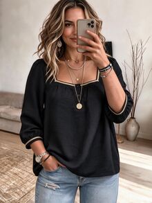 Weeklong ملابس علوية نسائية مقاس كبير للخريف/الشتاء كاجوال للعطلات، بتصميم رقعة شريط ذهبي، ياقة مربعة، أزرار، أكمام متوسطة، قماش مضلع، مناسبة للارتداء اليومي والتنقل - الأسود - مشاهدة 1