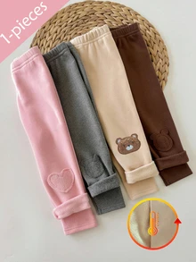 SHEIN Girls' Apricot Thermal Lined Leggings, Soft Comfortable Casual All-Match Style With Bear Embroidery, Versatile For Spring, Autumn And Winter - Multicolor - View 1