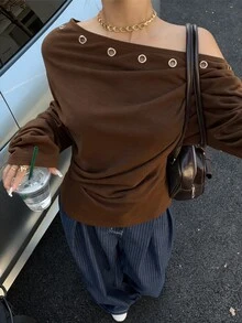 Muchica 女款不對稱斜肩領鏤空設計收腰運動衫 日常街頭休閒風 Grunge Y2K 淺灰色 秋季 - 棕色 - 查看 1