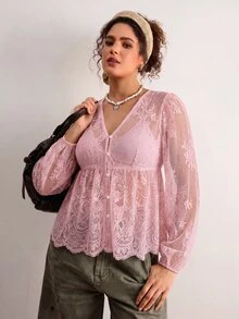 Freevana 女款蕾絲貝殼鈕扣透視襯衫 大尺碼 寬鬆優雅 日常街頭穿搭 通勤 婚禮賓客 晚餐 度假 夏季 秋季 黑色 - 粉色 - 查看 7