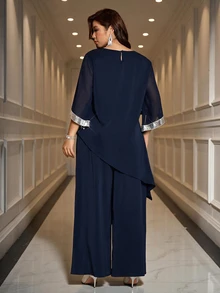 Reflora Plus Size Women Colorblock Round Neck Bell Sleeve Asymmetric Hem Top Wide Leg Pants Elegant 2 Pieces Set Wedding Guest Evening Black Autumn Fall - Navy Blue - View 8