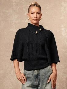 Lumalex 秋冬女款鈕扣設計插肩袖短袖休閒針織衫 從晨曦到晚宴 優雅端莊 讓妳美貌綻放 - 黑色 - 查看 1