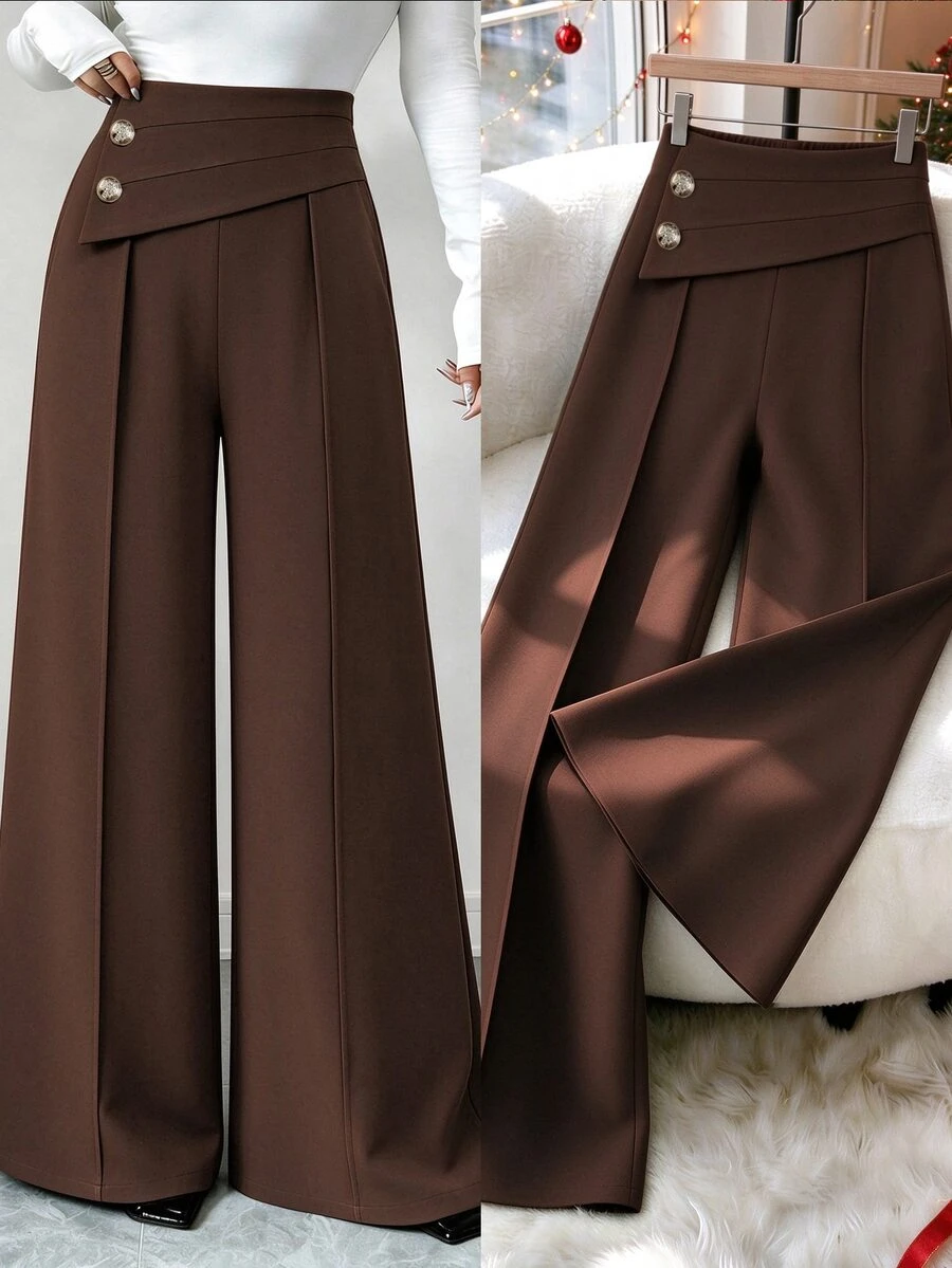 Elenzga Women's Solid Color Casual Versatile Daily Wear Long Pants - Brown - View 1