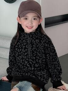 Dazy Kids 少女休閒寬鬆豹紋印花運動衫 - 黑色 - 查看 5